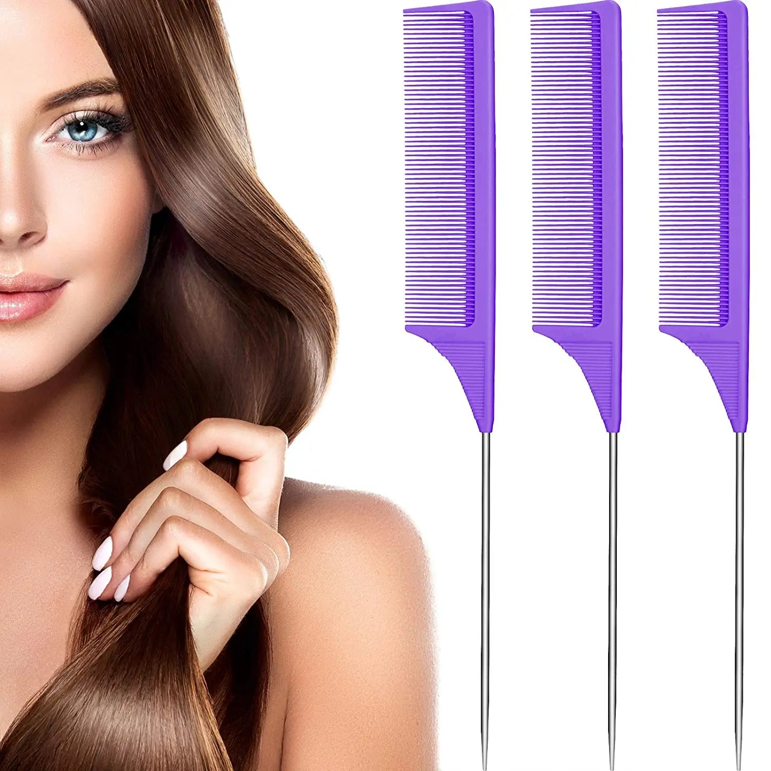 3 Packs Rat Tail Comb Steel Pin Rat Tail Carbon Fiber Heat Resistant Teasing Combs with Stainless Steel Pintail