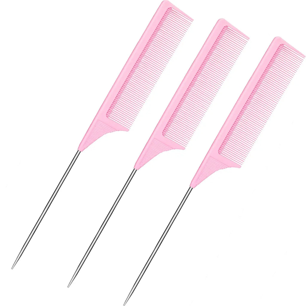 3 Packs Rat Tail Comb Steel Pin Rat Tail Carbon Fiber Heat Resistant Teasing Combs with Stainless Steel Pintail