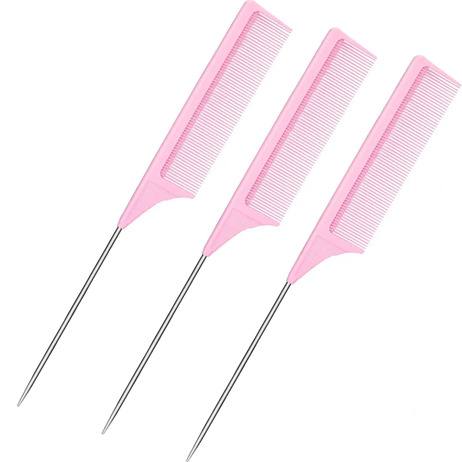 3 Packs Rat Tail Comb Steel Pin Rat Tail Carbon Fiber Heat Resistant Teasing Combs with Stainless Steel Pintail