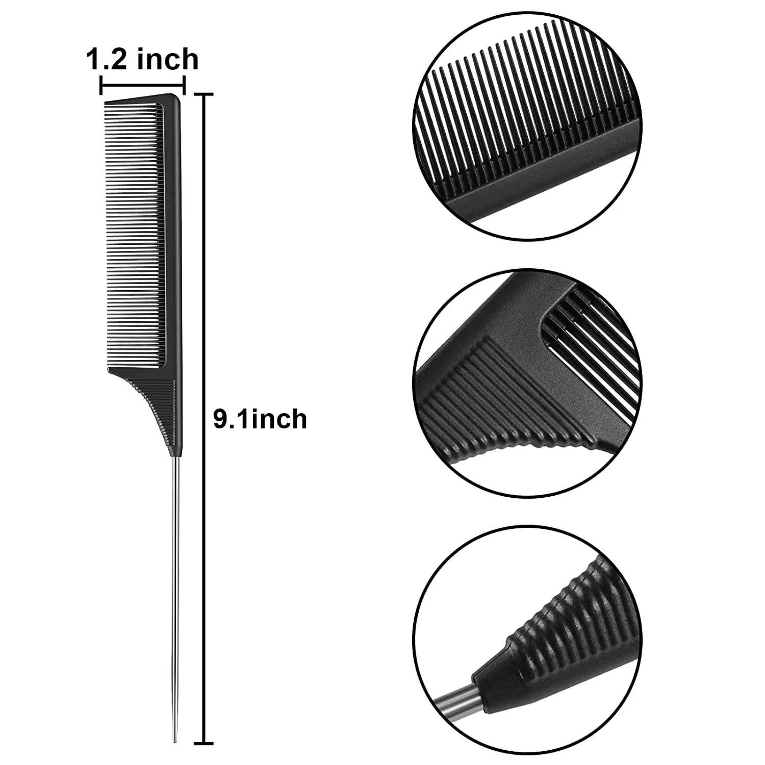 3 Packs Rat Tail Comb Steel Pin Rat Tail Carbon Fiber Heat Resistant Teasing Combs with Stainless Steel Pintail