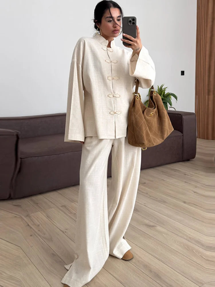 Fashion Women's Linen Frog Buttons Top Pants Sets Stand Collar Mandarin Shirt Wide Leg Pant 2026 Spring Summer Lady Holiday Suit