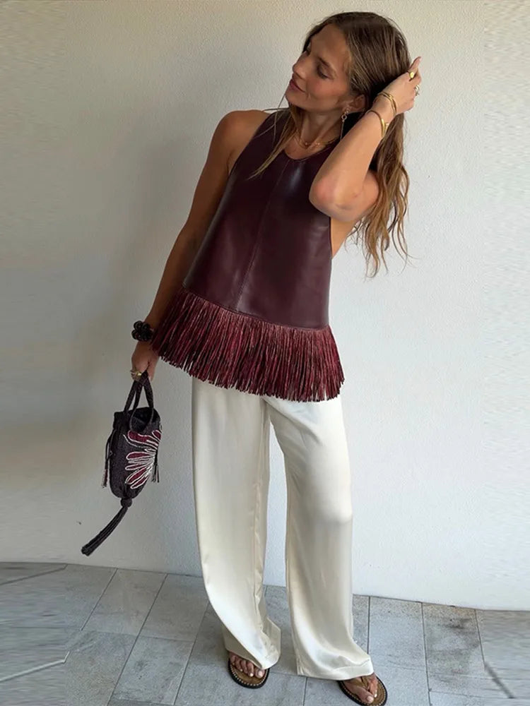 Vintage Faux Leather Tassel Vests Women's Slim Sleeveless Backless Halter Tops 2026 New Ladies Spring Summer Solid Outwear
