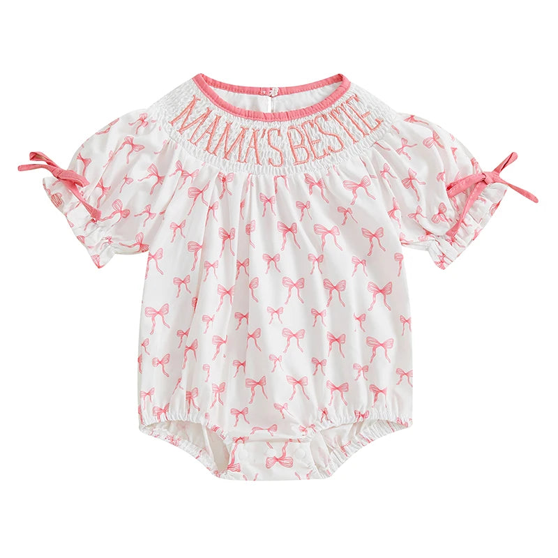 Baby Girl Romper for Summer Smocked Loose Fit Letter Embroidery Bow Pattern Crew Neck Bubble Short Sleeve Infant Jumpsuit