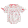 Baby Girl Romper for Summer Smocked Loose Fit Letter Embroidery Bow Pattern Crew Neck Bubble Short Sleeve Infant Jumpsuit