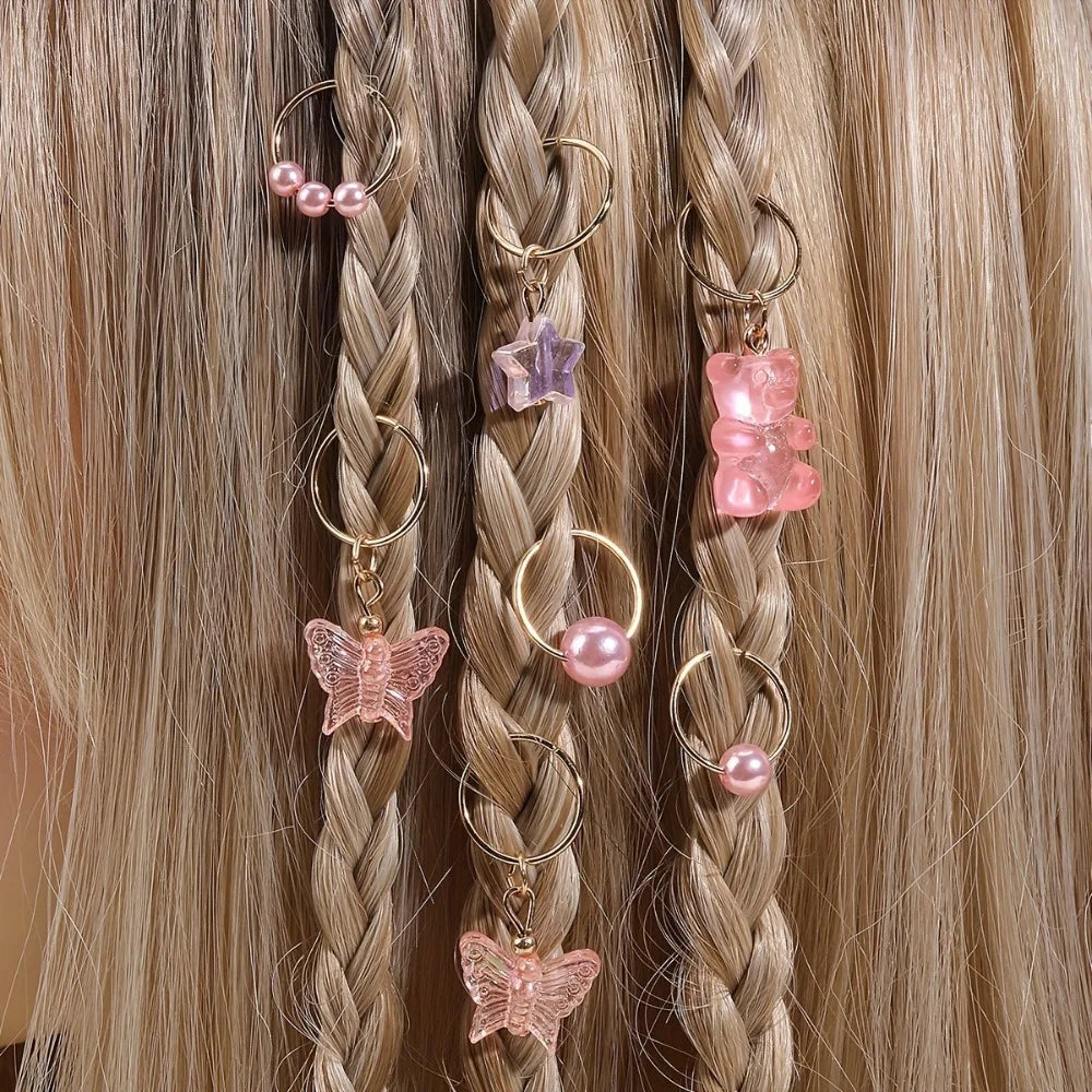14pcs Butterfly Bear Mixed Hair Rings Set Hair Braiding Dread Locks Dreadlocks Beads Gold Dirty Braids Hair Braid Tubes Decor