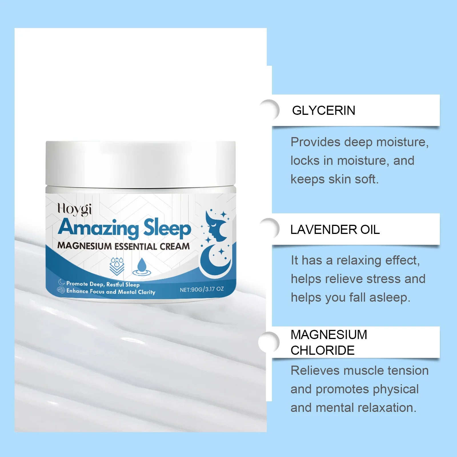 Hoygi Magnesium Cream Gentle Relaxing Hydrating Sleep Support Nighttime Body Lotion for All Skin Types Sensitive Dry Oily