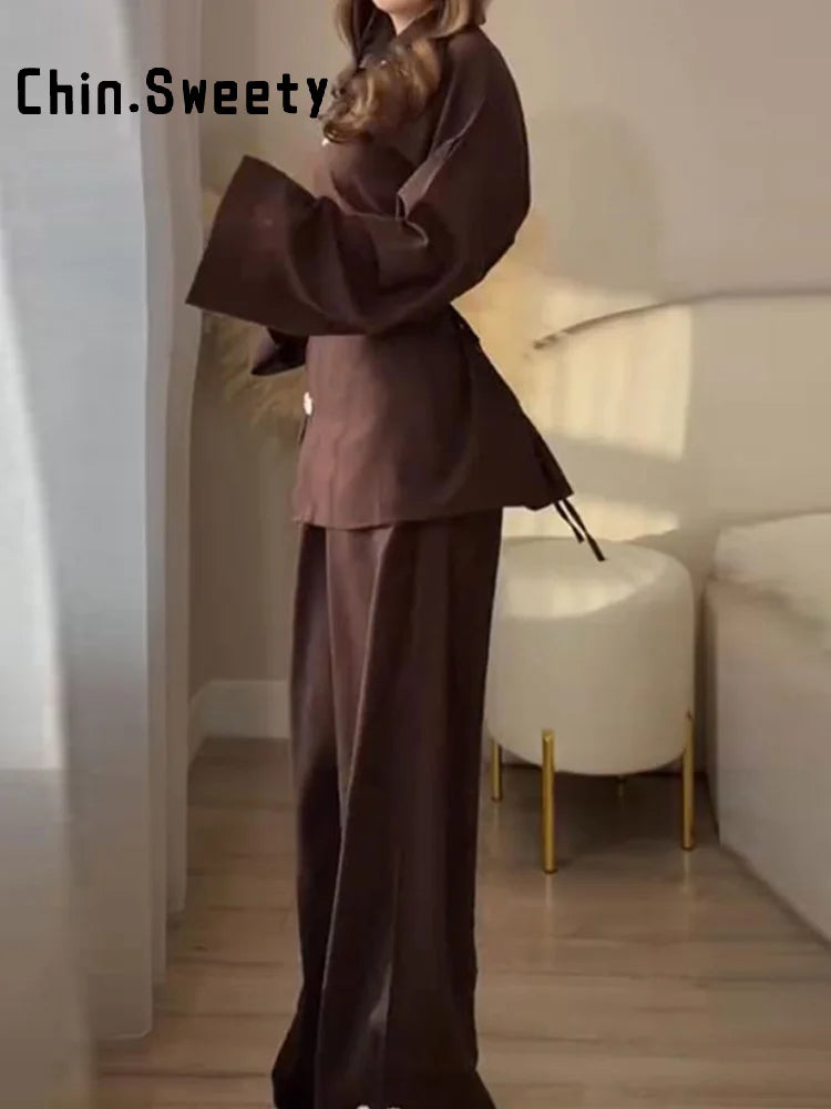 Fashion Women's Linen Frog Buttons Top Pants Sets Stand Collar Mandarin Shirt Wide Leg Pant 2026 Spring Summer Lady Holiday Suit