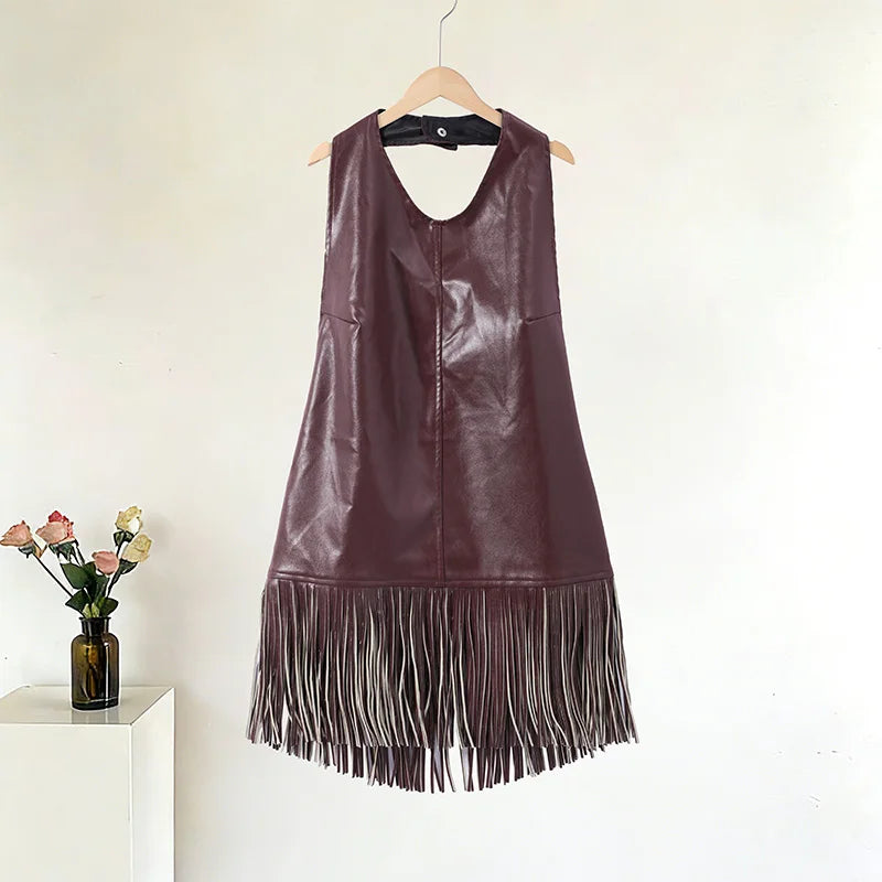 Vintage Faux Leather Tassel Vests Women's Slim Sleeveless Backless Halter Tops 2026 New Ladies Spring Summer Solid Outwear