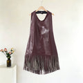 Vintage Faux Leather Tassel Vests Women's Slim Sleeveless Backless Halter Tops 2026 New Ladies Spring Summer Solid Outwear