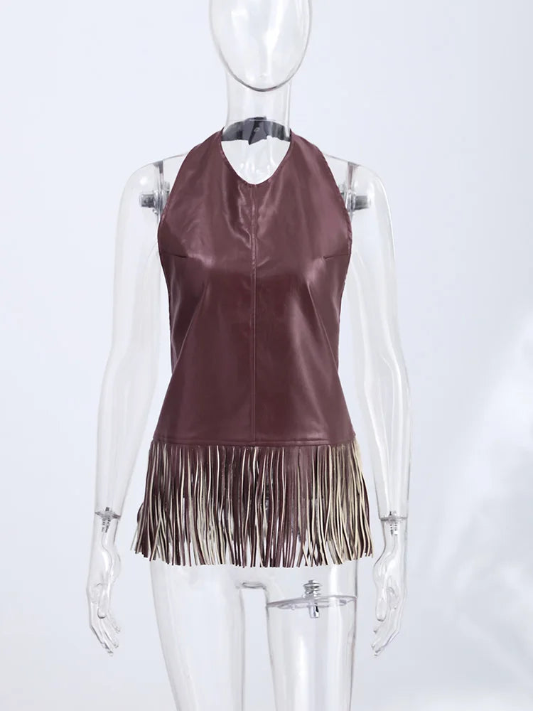 Vintage Faux Leather Tassel Vests Women's Slim Sleeveless Backless Halter Tops 2026 New Ladies Spring Summer Solid Outwear