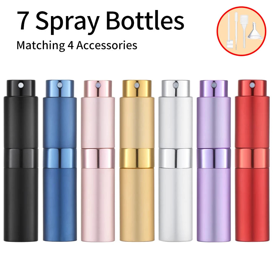 7PCS+4 Accessories 8ml Perfume Nebulizer Refillable with 7 Spray Bottles, 1 Funnel, 1 Straw, 1 Dispenser Divan, 1 Spring Straw