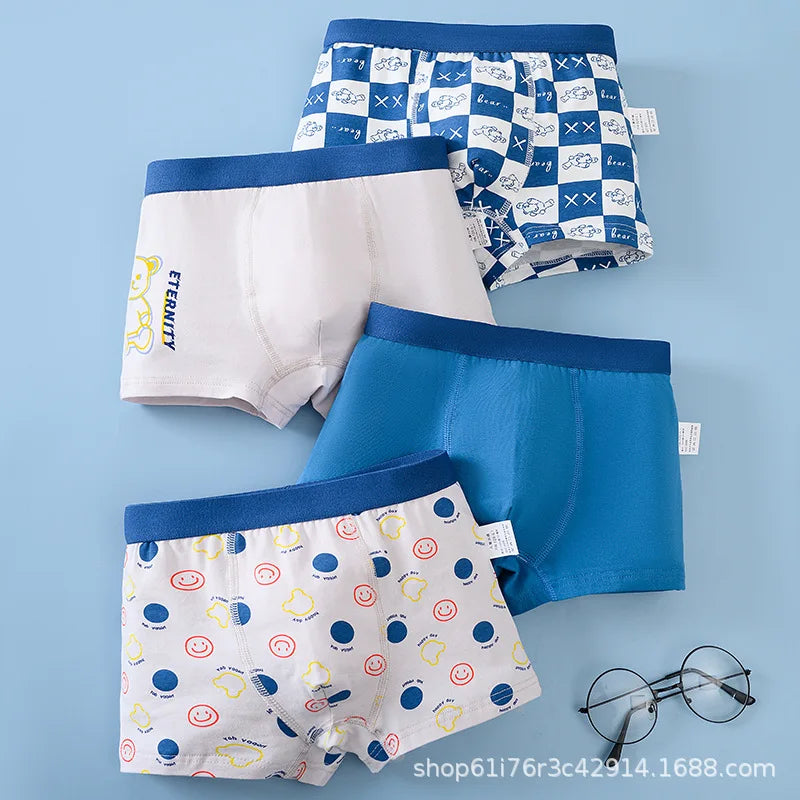 4PCS/Lot Children's Underwear Boys Pure Cotton Cartoon Print Panties For 1-13Years Student Boxer Shorts