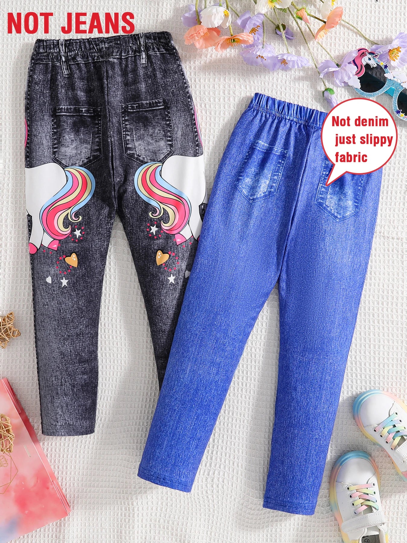Four seasons children fashion simple 2 pairs of micro stretch sports casual pants girls imitation denim cartoon printed casual p