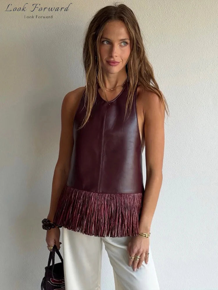 Vintage Faux Leather Tassel Vests Women's Slim Sleeveless Backless Halter Tops 2026 New Ladies Spring Summer Solid Outwear