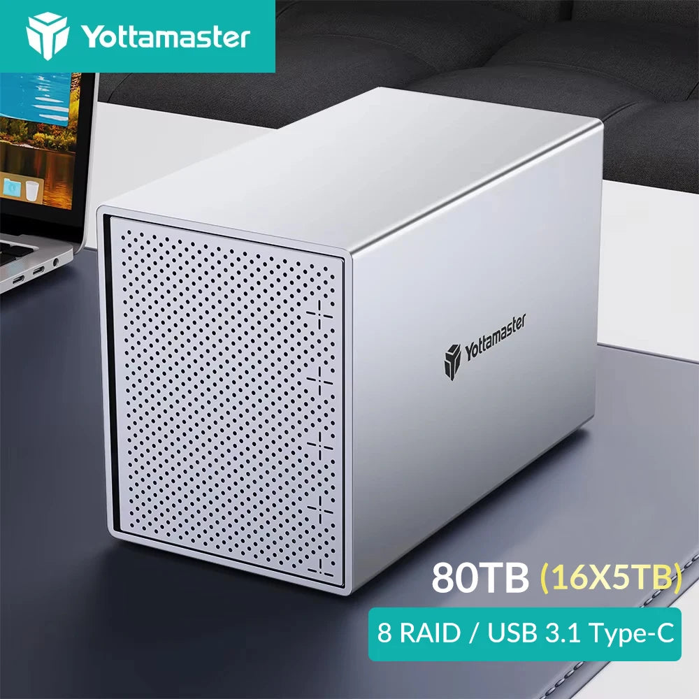 [PS500R] Yottamaster 5 Bay RAID External Hard Drive Enclosure Aluminum USB RAID Enclosure Support 2.5" 3.5" SATA HDD SSD 5*16TB