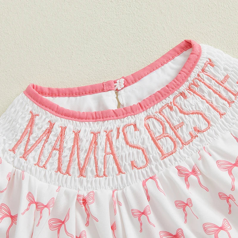 Baby Girl Romper for Summer Smocked Loose Fit Letter Embroidery Bow Pattern Crew Neck Bubble Short Sleeve Infant Jumpsuit