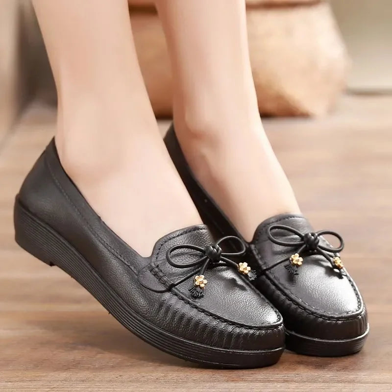 women fashion sweet light weight anti skid black round toe rubber shoes lady casual spring & autumn slip on flat loafers ca68
