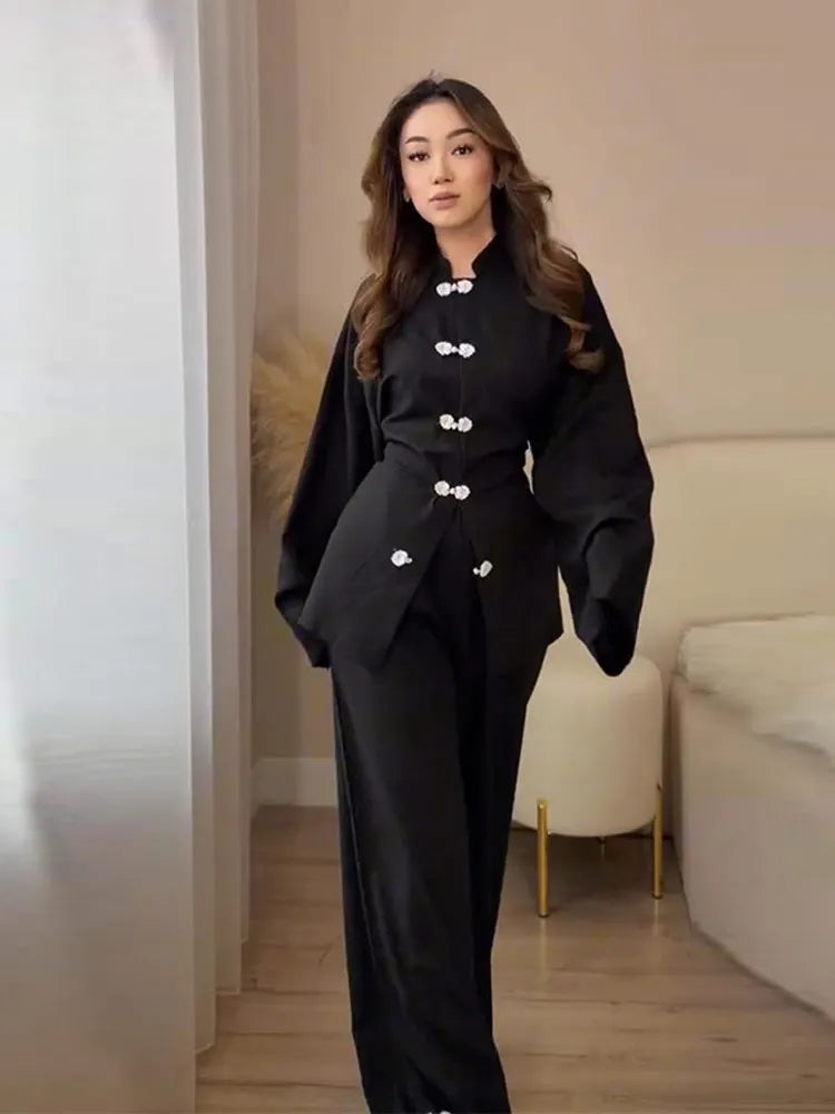 Fashion Women's Linen Frog Buttons Top Pants Sets Stand Collar Mandarin Shirt Wide Leg Pant 2026 Spring Summer Lady Holiday Suit