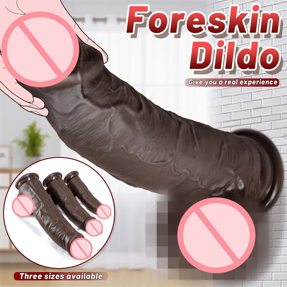 Big Dick Cock Silicone Penis Anal With Suction Cup Dick Soft Foreskin Dildo Black Soft Lifelike Dildo Realistic Skin For Women