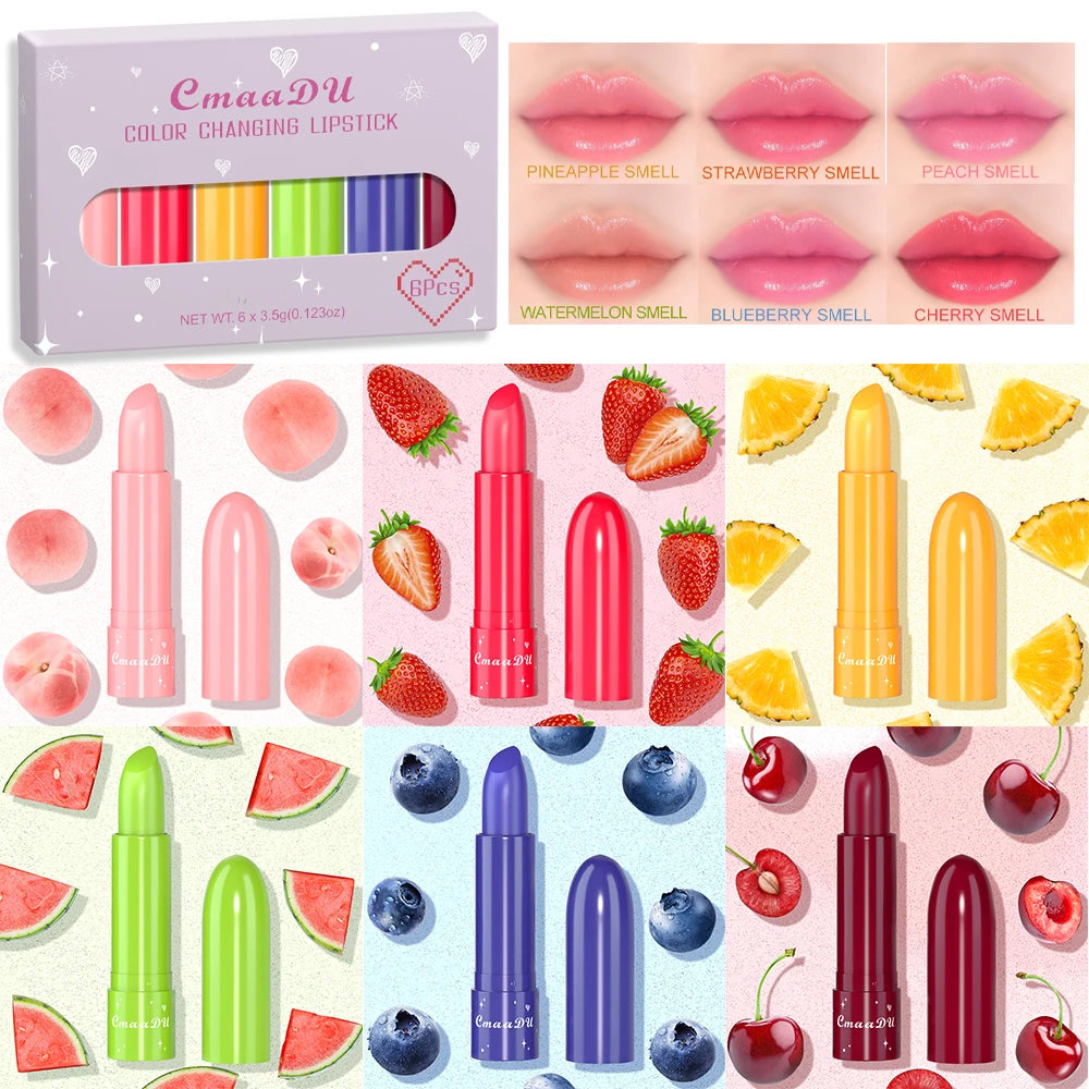 CmaaDu 6-Color Long-Lasting Moisturize Lip Gloss Waterproof Liquid Lipstick Set - Fruity，Color Changes As the Temperature Rises