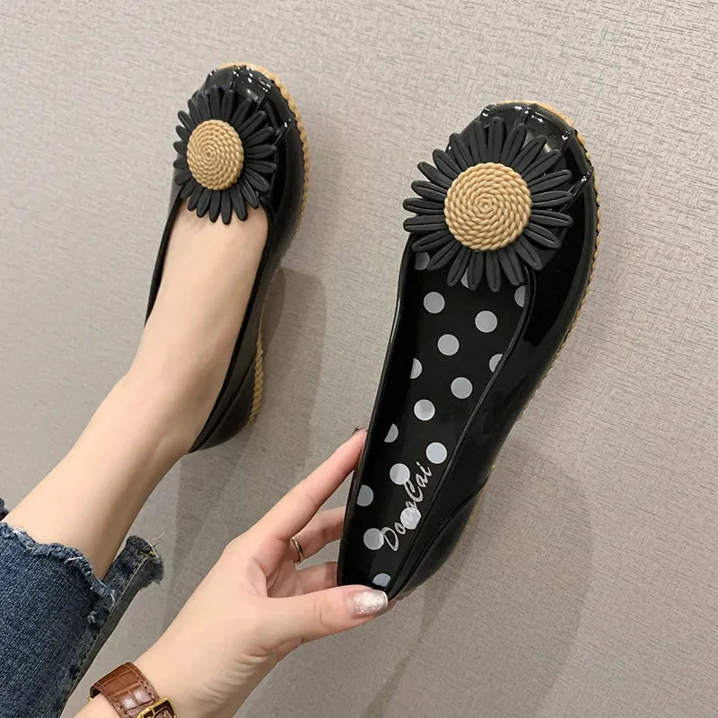 women fashion sweet light weight anti skid black round toe rubber shoes lady casual spring & autumn slip on flat loafers ca68