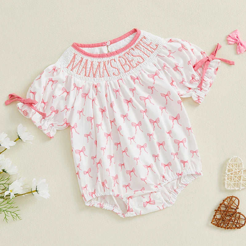 Baby Girl Romper for Summer Smocked Loose Fit Letter Embroidery Bow Pattern Crew Neck Bubble Short Sleeve Infant Jumpsuit