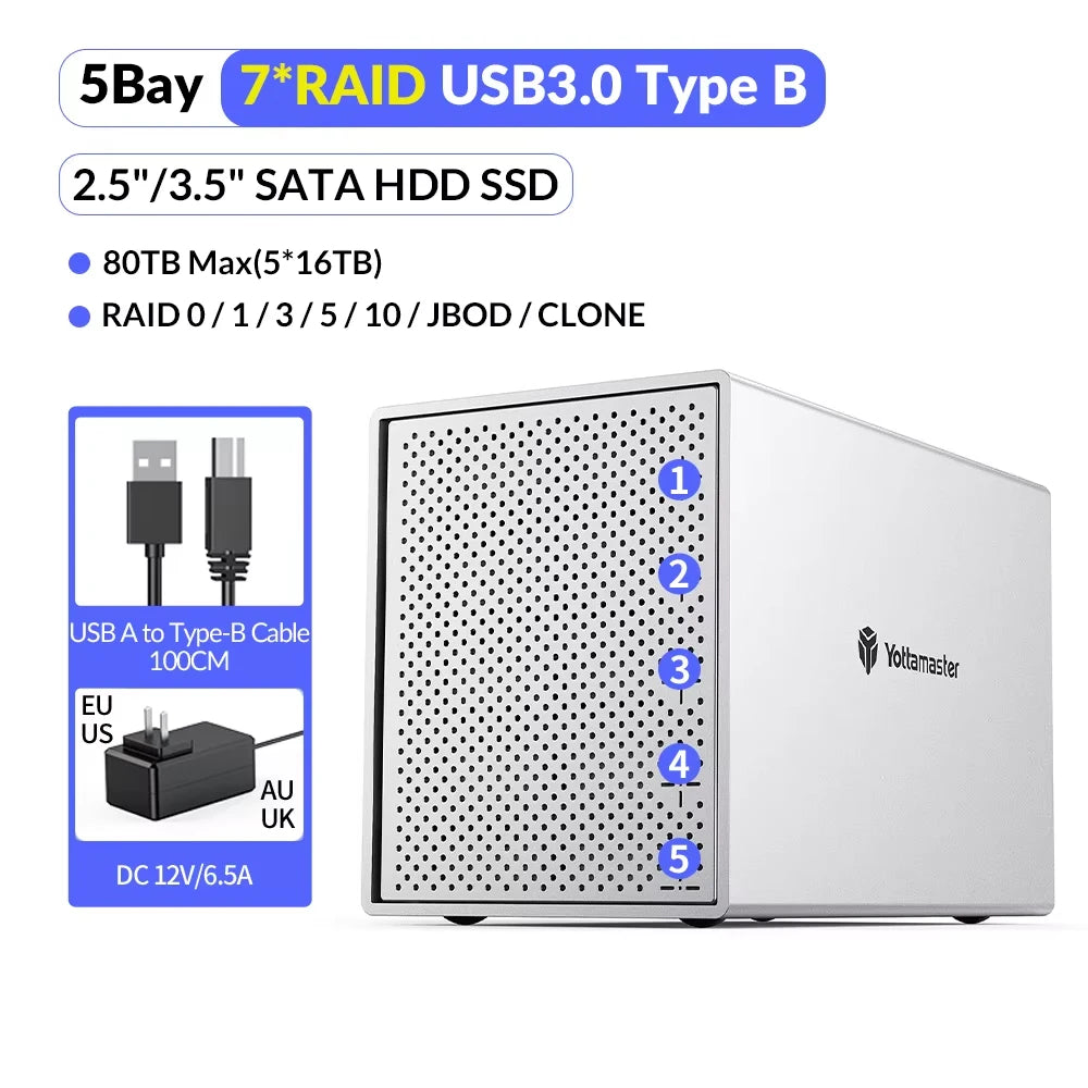 [PS500R] Yottamaster 5 Bay RAID External Hard Drive Enclosure Aluminum USB RAID Enclosure Support 2.5" 3.5" SATA HDD SSD 5*16TB