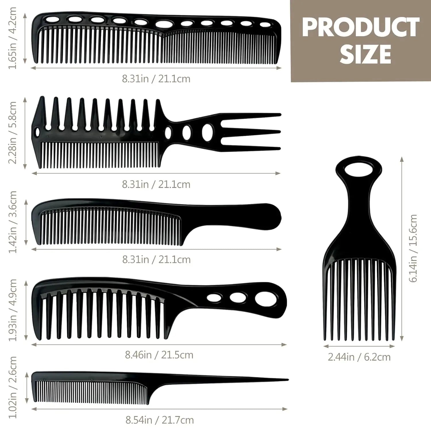 6PCS Wide Tooth Detangling Comb Set Anti-Static Hair Styling Combs for Curly Straight Long Hair Black