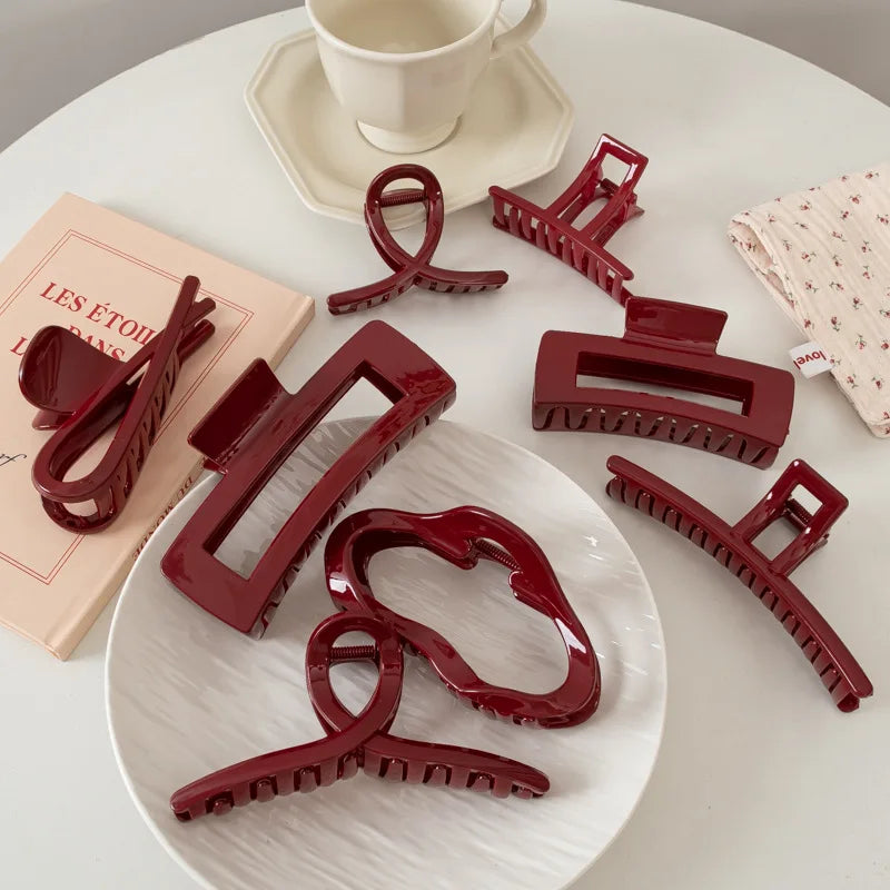 Plastic Red Hair Claw Women Girls Large Geometric Acrylic Crab Hair Clamp Elegant Barrettes Clip Female Fashion Hair Accessories