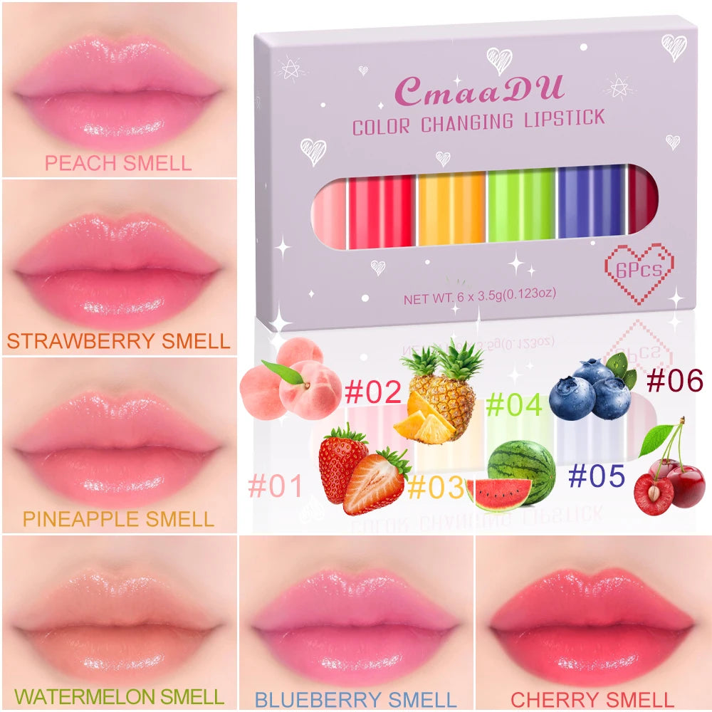 CmaaDu 6-Color Long-Lasting Moisturize Lip Gloss Waterproof Liquid Lipstick Set - Fruity，Color Changes As the Temperature Rises