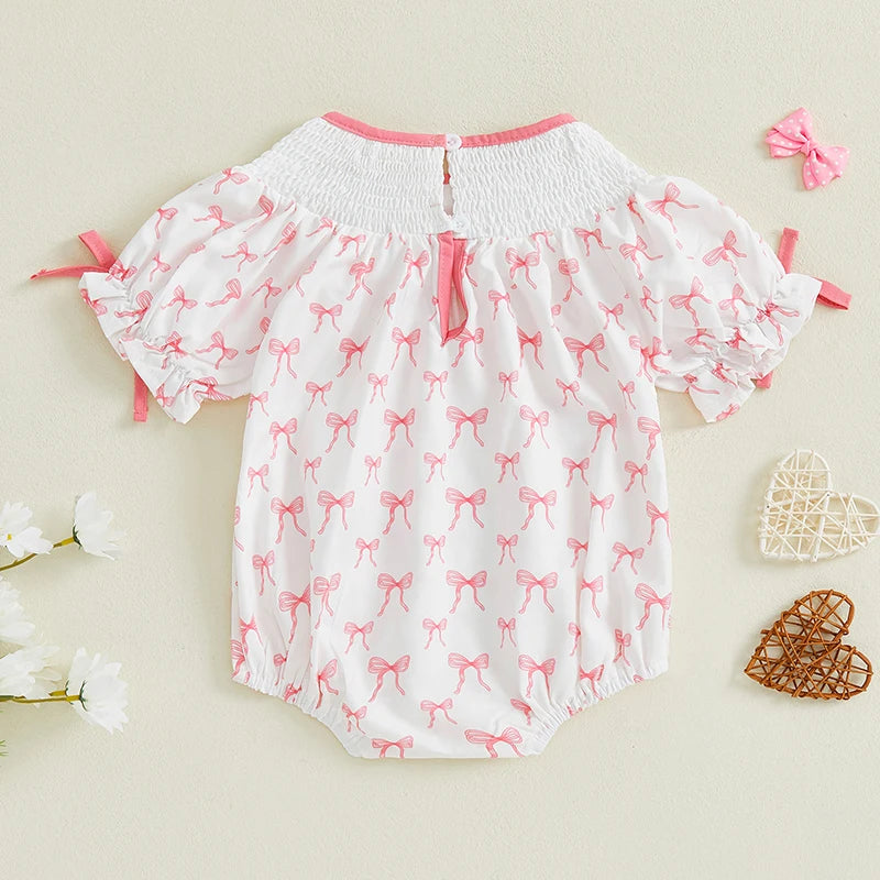 Baby Girl Romper for Summer Smocked Loose Fit Letter Embroidery Bow Pattern Crew Neck Bubble Short Sleeve Infant Jumpsuit