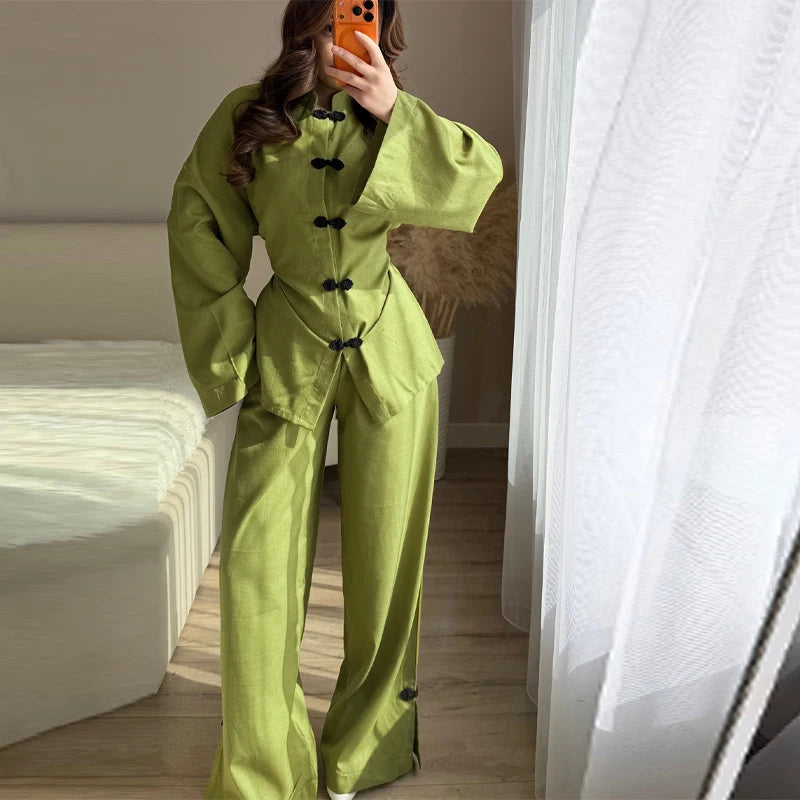 Fashion Women's Linen Frog Buttons Top Pants Sets Stand Collar Mandarin Shirt Wide Leg Pant 2026 Spring Summer Lady Holiday Suit