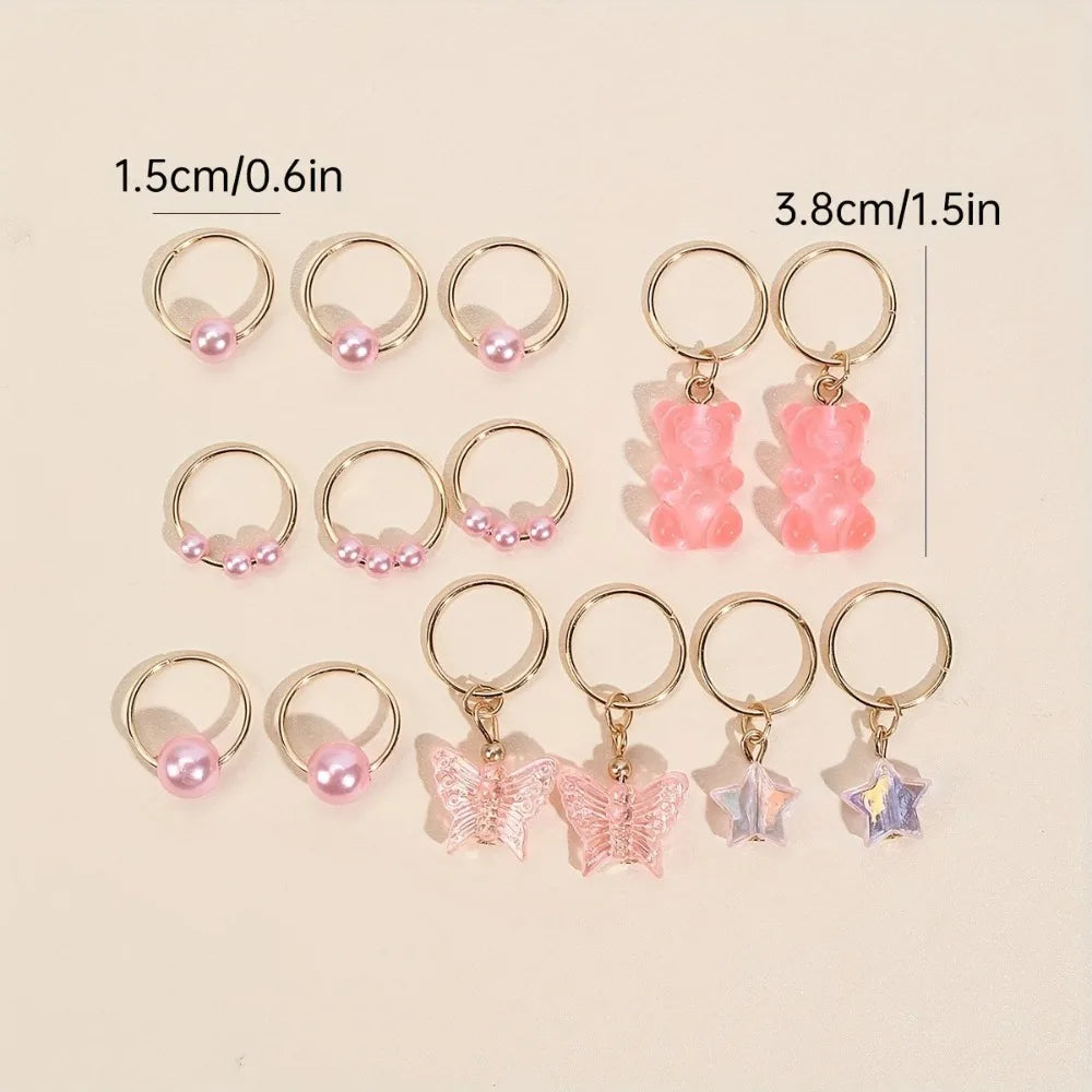 14pcs Butterfly Bear Mixed Hair Rings Set Hair Braiding Dread Locks Dreadlocks Beads Gold Dirty Braids Hair Braid Tubes Decor