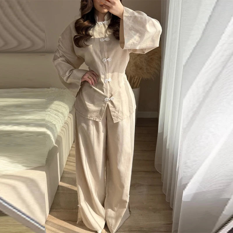 Fashion Women's Linen Frog Buttons Top Pants Sets Stand Collar Mandarin Shirt Wide Leg Pant 2026 Spring Summer Lady Holiday Suit