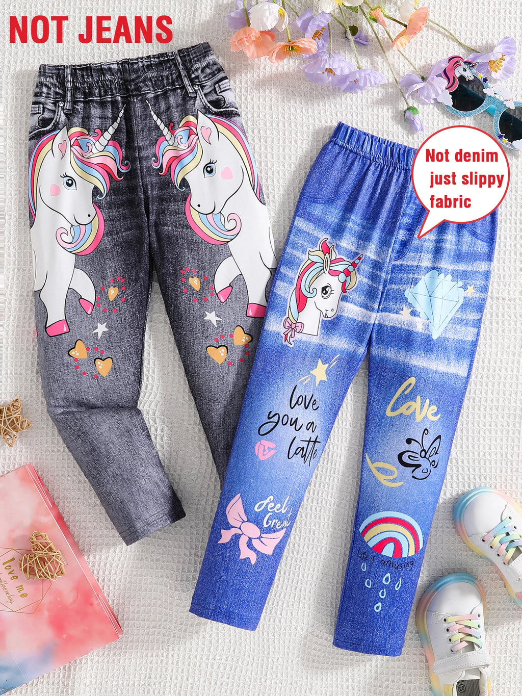 Four seasons children fashion simple 2 pairs of micro stretch sports casual pants girls imitation denim cartoon printed casual p