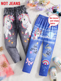 Four seasons children fashion simple 2 pairs of micro stretch sports casual pants girls imitation denim cartoon printed casual p