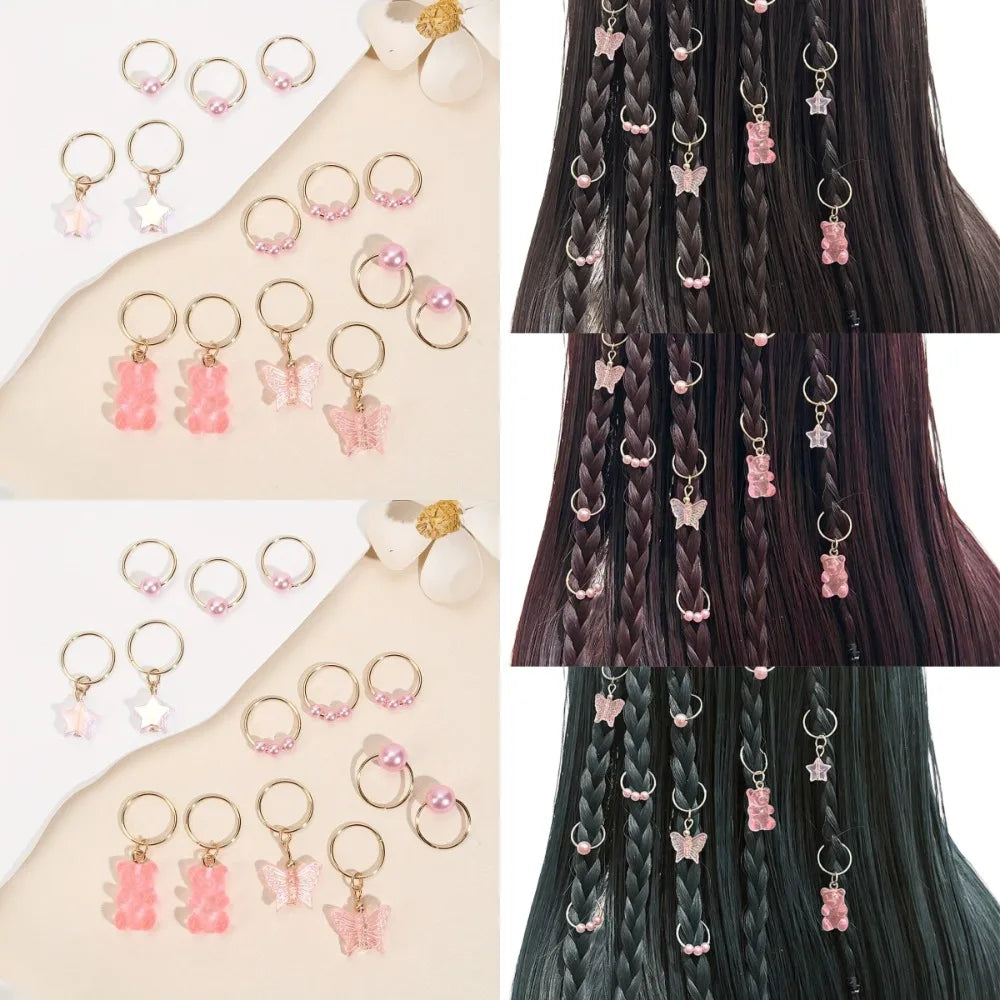 14pcs Butterfly Bear Mixed Hair Rings Set Hair Braiding Dread Locks Dreadlocks Beads Gold Dirty Braids Hair Braid Tubes Decor