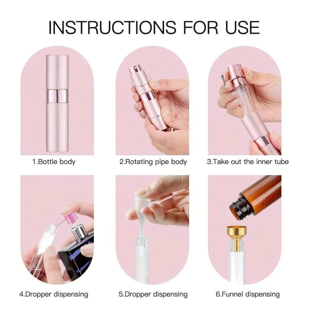 7PCS+4 Accessories 8ml Perfume Nebulizer Refillable with 7 Spray Bottles, 1 Funnel, 1 Straw, 1 Dispenser Divan, 1 Spring Straw
