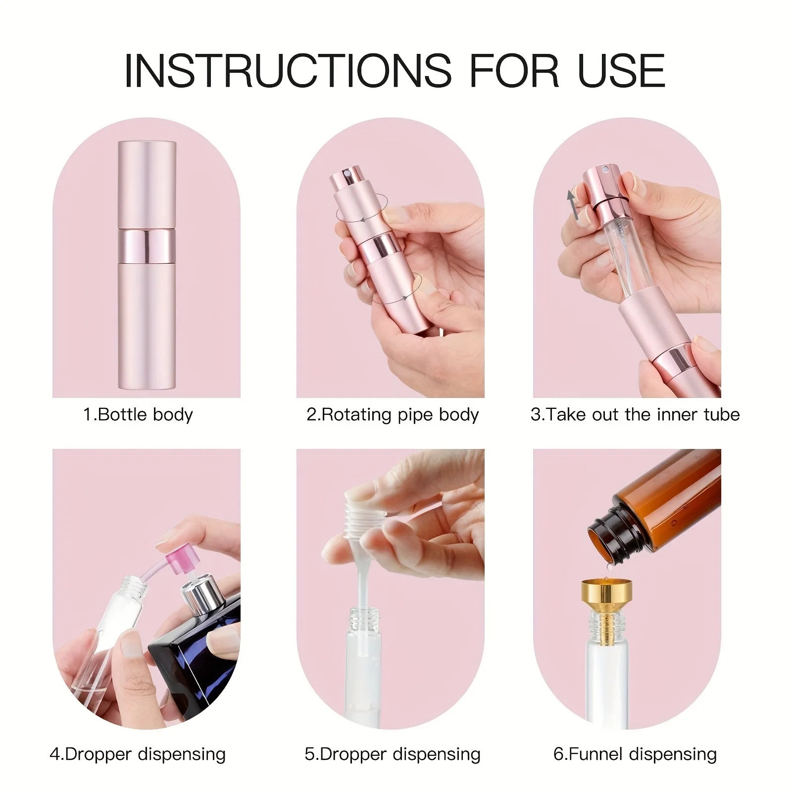 7PCS+4 Accessories 8ml Perfume Nebulizer Refillable with 7 Spray Bottles, 1 Funnel, 1 Straw, 1 Dispenser Divan, 1 Spring Straw
