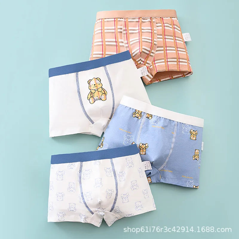 4PCS/Lot Children's Underwear Boys Pure Cotton Cartoon Print Panties For 1-13Years Student Boxer Shorts