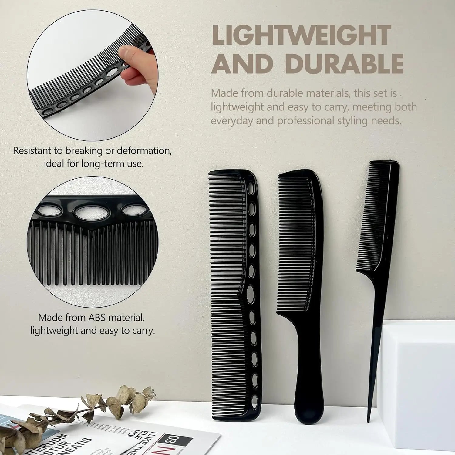 6PCS Wide Tooth Detangling Comb Set Anti-Static Hair Styling Combs for Curly Straight Long Hair Black