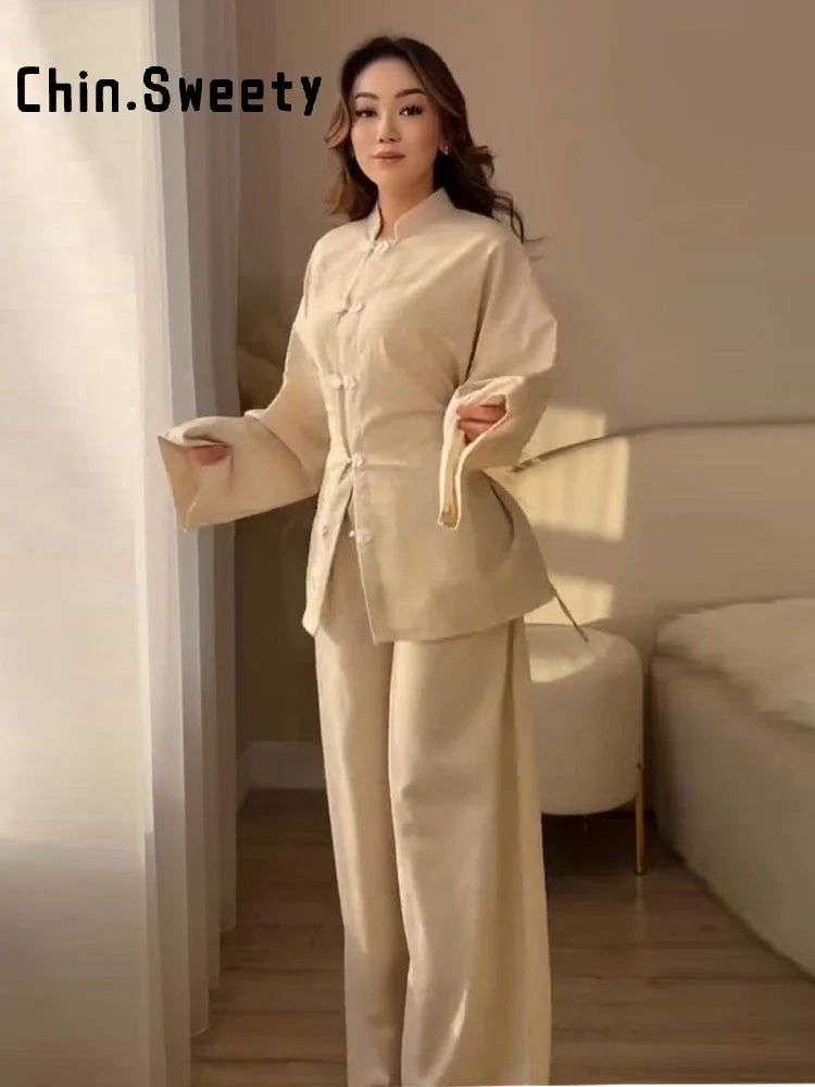 Fashion Women's Linen Frog Buttons Top Pants Sets Stand Collar Mandarin Shirt Wide Leg Pant 2026 Spring Summer Lady Holiday Suit
