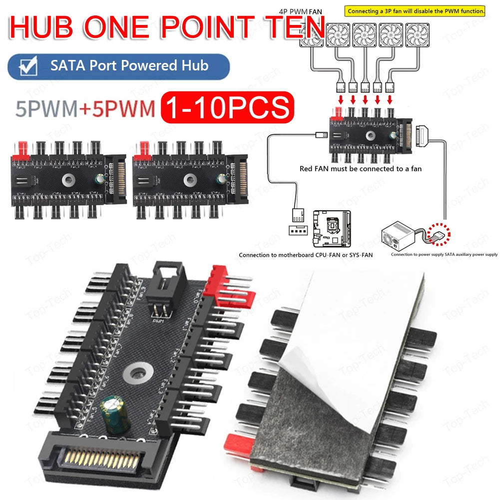 4-Pin PWM Fan Power Supply Cable 1 To 10 Way Splitter Hub SATA Powered 4 Pin PWM Fan Hub Cooler Cooling Adapter for PC Computer