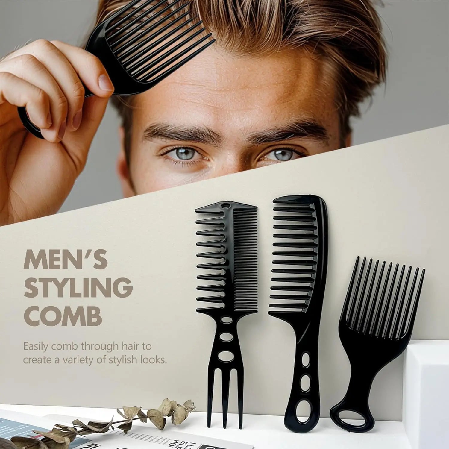 6PCS Wide Tooth Detangling Comb Set Anti-Static Hair Styling Combs for Curly Straight Long Hair Black