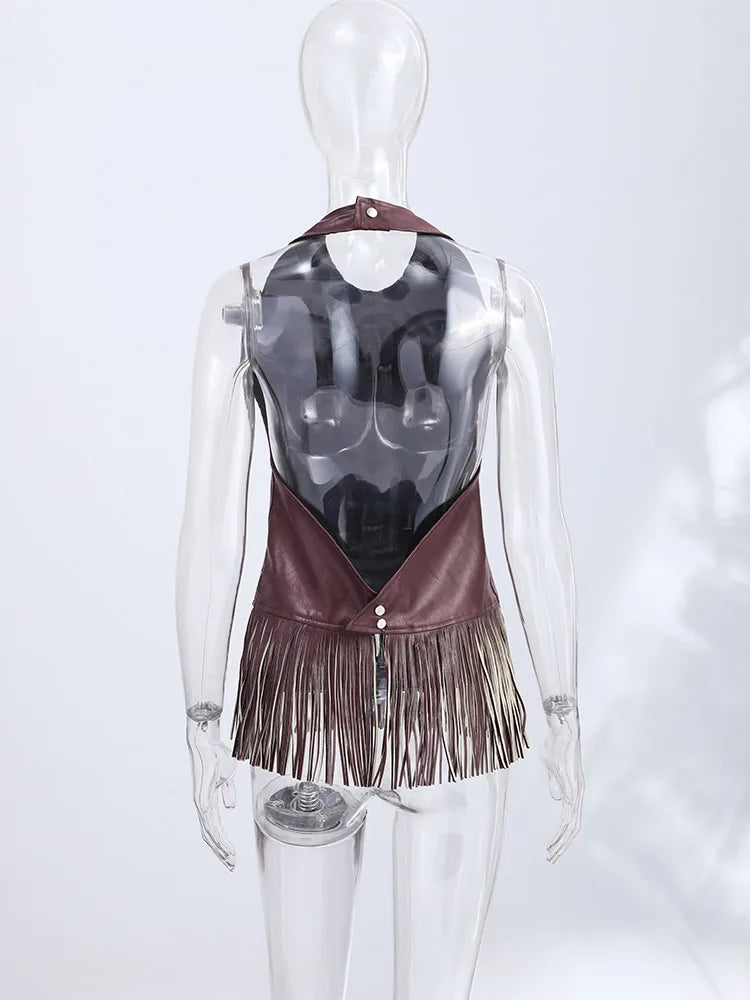 Vintage Faux Leather Tassel Vests Women's Slim Sleeveless Backless Halter Tops 2026 New Ladies Spring Summer Solid Outwear