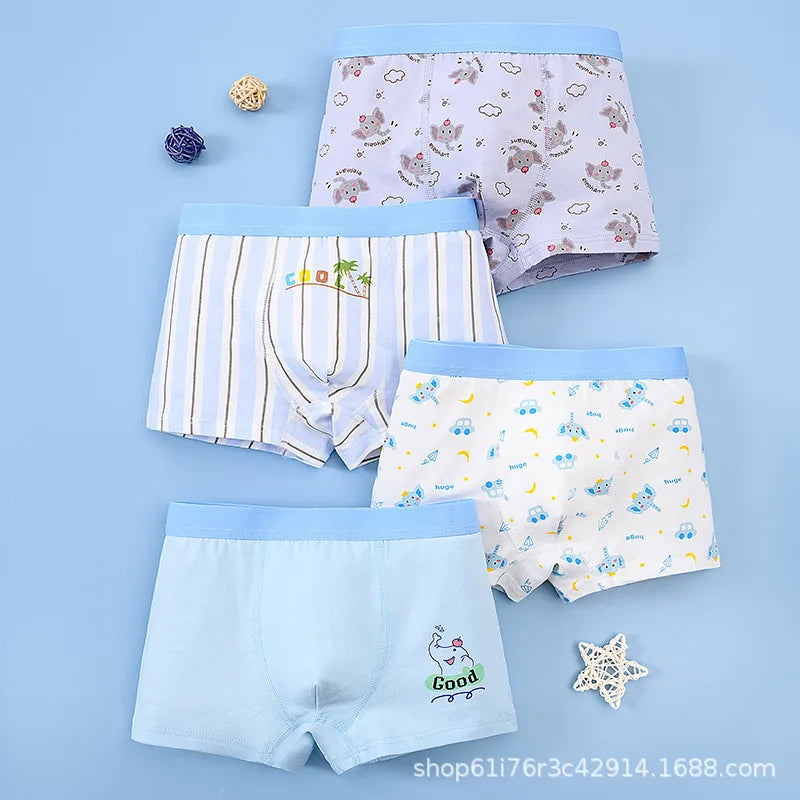 4PCS/Lot Children's Underwear Boys Pure Cotton Cartoon Print Panties For 1-13Years Student Boxer Shorts