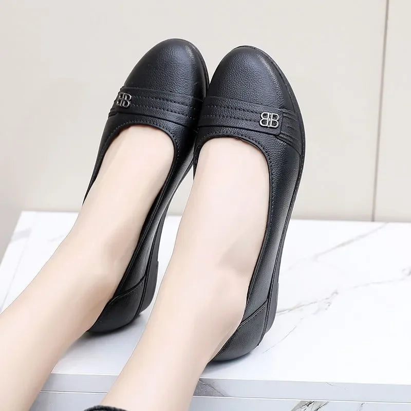 women fashion sweet light weight anti skid black round toe rubber shoes lady casual spring & autumn slip on flat loafers ca68