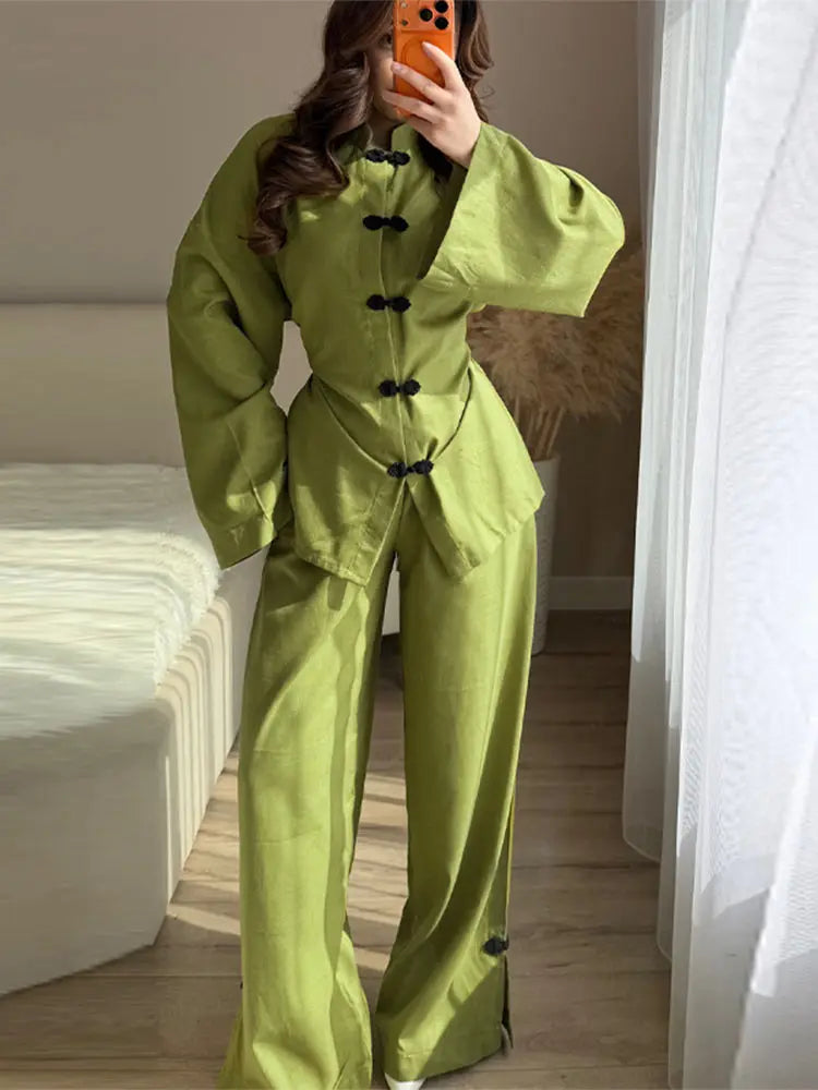 Fashion Women's Linen Frog Buttons Top Pants Sets Stand Collar Mandarin Shirt Wide Leg Pant 2026 Spring Summer Lady Holiday Suit