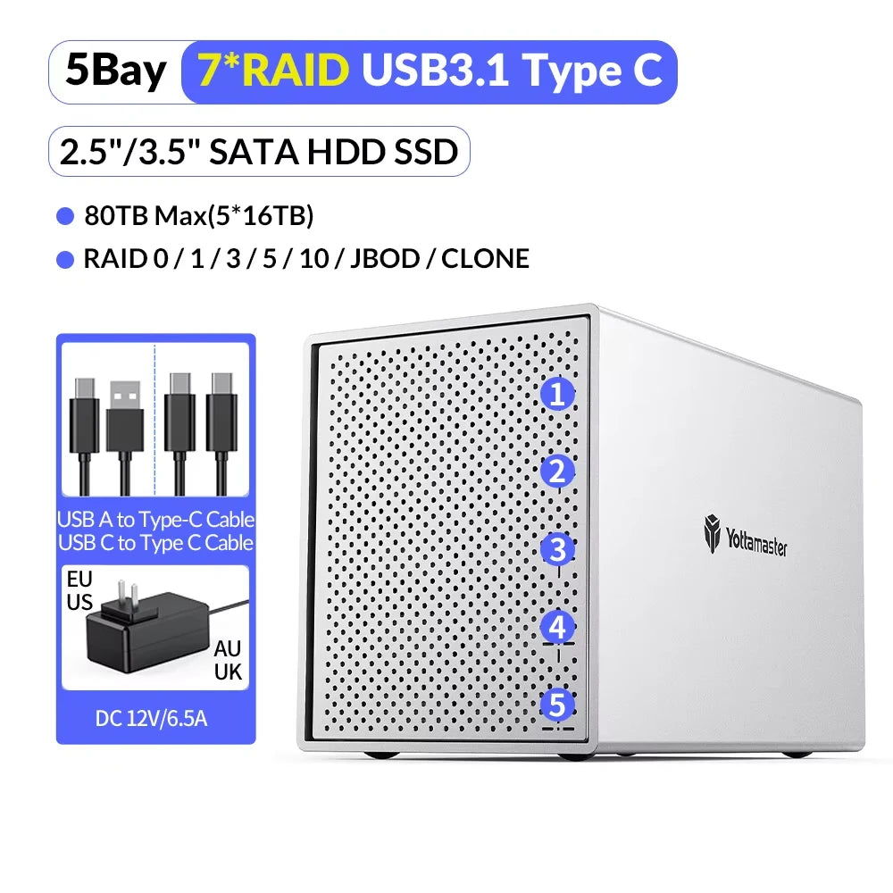 [PS500R] Yottamaster 5 Bay RAID External Hard Drive Enclosure Aluminum USB RAID Enclosure Support 2.5" 3.5" SATA HDD SSD 5*16TB