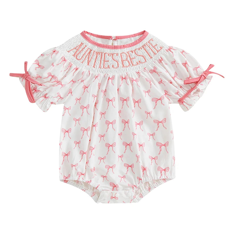 Baby Girl Romper for Summer Smocked Loose Fit Letter Embroidery Bow Pattern Crew Neck Bubble Short Sleeve Infant Jumpsuit